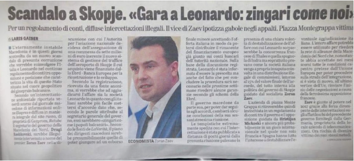 Корупцијата на Владата блесна и во италијанските медиуми! Ла Верита со наслов СКАНДАЛ ВО СКОПЈЕ- „ТЕНДЕР ЗА ЛЕОНАРДО: ЦИГАНИ КАКО НАС“